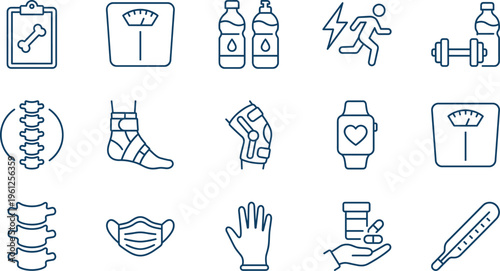 Fitness and physiotherapy line icon set featuring spinal column, ankle brace, knee support, heart rate smartwatch, weight scale, and medical supplies.