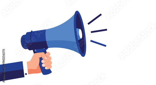 Human hand holding a large blue megaphone emits sound waves to represent announcements, news, or public speaking.