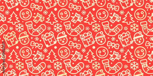 A festive red background filled with whimsical holiday themed line drawings