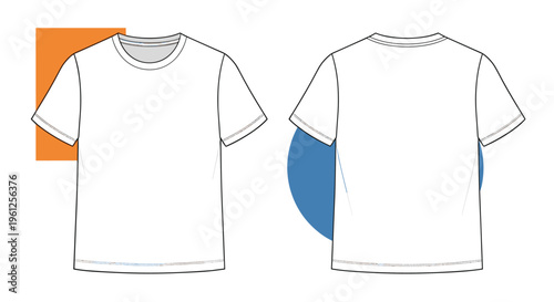 Blank white t-shirt template shown from both front and back views over abstract geometric orange and blue shapes.