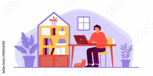 A person works on a laptop at a desk with bookshelves and a cat