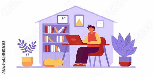 A person works remotely from inside a house shaped room illustration