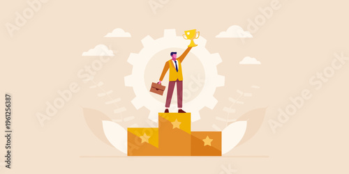 A businessman celebrates success atop a podium with a golden trophy