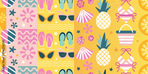 Colorful summer pattern featuring beach items fruit and floral designs