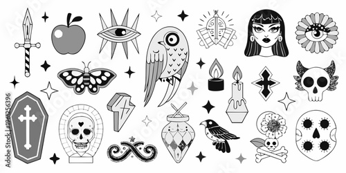 Eclectic collection of traditional tattoo flash designs in black and white
