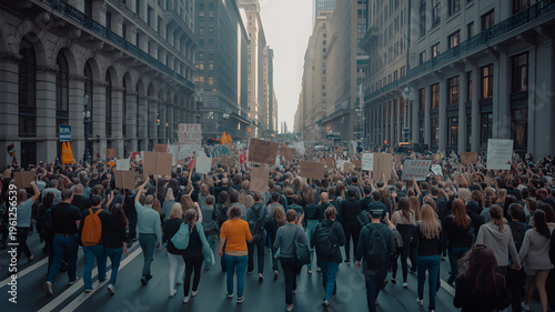 A large crowd of people is marching down a city street, holding protest signs and banners, demonstrating for a cause.