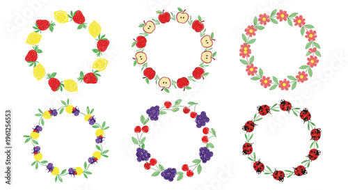 Collection of six decorative wreaths featuring various fruits like strawberries, lemons, and grapes along with flowers.