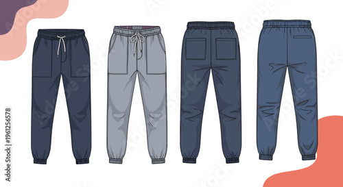 Technical fashion drawing of men's jogger pants shown in dark and light gray from both the front and back view.