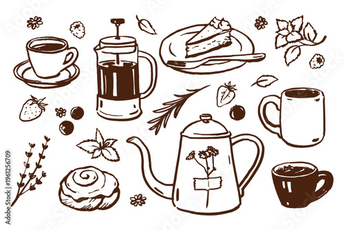 Hand drawn herbal tea and coffee elements in brown line art. Simple vintage style vector illustration. Teapot, cups, french press, cake slice, herbs, berries, cozy drink set.