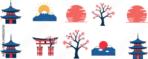 Japanese temple pagoda, Mount Fuji sunrise, cherry blossom tree, red sun design, torii gate artwork, cultural heritage illustration, cad drawing flat vector illustration