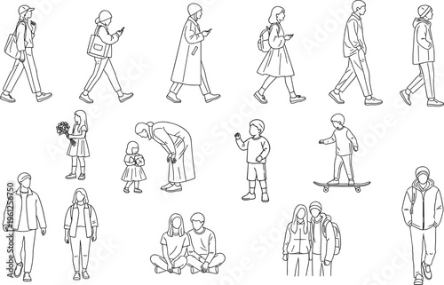 Minimalist vector line art collection featuring people walking sitting and children playing for architectural scale figures and modern lifestyle designs.