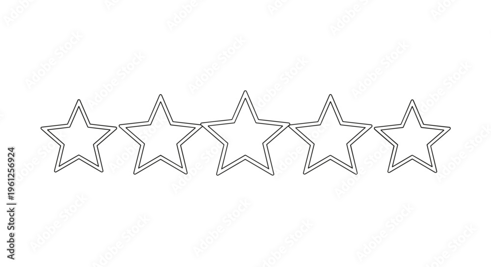 Fototapeta premium Row of five empty star outlines arranged horizontally on a white background used for customer review and ratings.