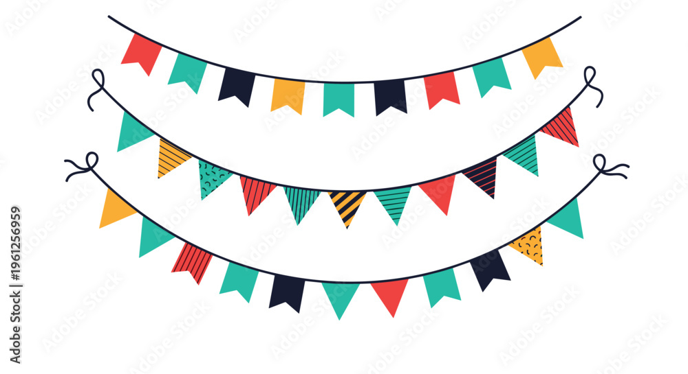 Obraz premium Three curved lines of festive party bunting flags in various colors and patterns hang against a white background.