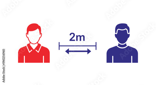Silhouette icon of two people separated by a 2 meter distance arrow representing social distancing guidelines for safety.