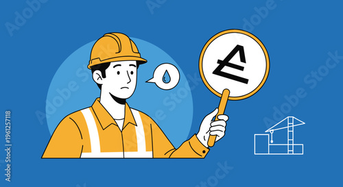 Confused construction worker in a hard hat and safety vest holds a sign with a British pound symbol near a building site.