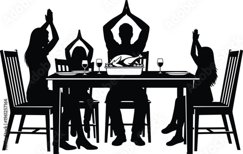 Family Silhouette Praying Before Dinner Together at Dining Table with Roasted Turkey and Wine Glasses Celebrating Thanksgiving or Holiday Feast