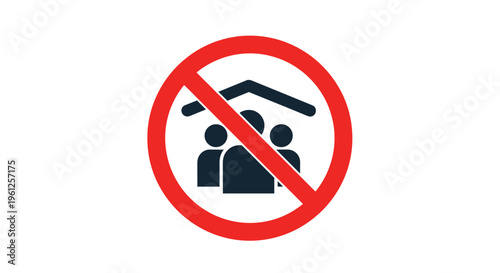Forbidden gathering icon shows group of people under a roof with red prohibition sign symbolizing social distancing measures.