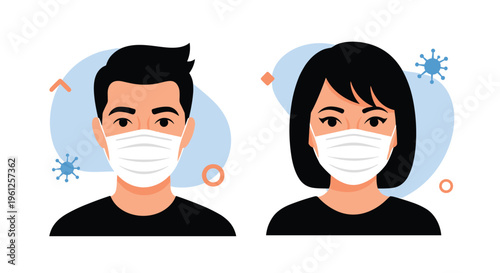 Couple wearing protective white medical face masks for health safety against viral infections and airborne particles in public.