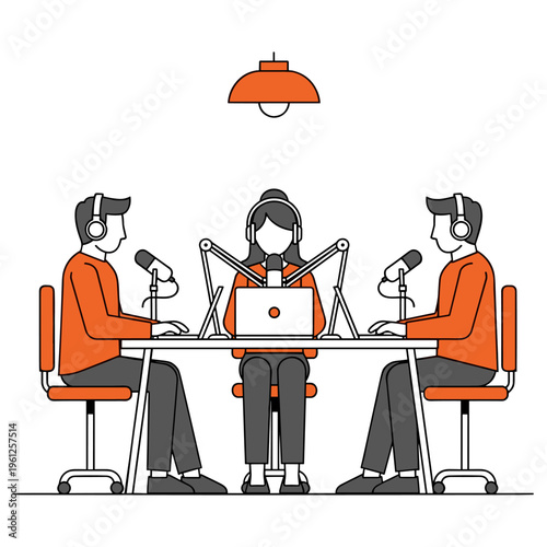 People recording podcast in studio with microphones and laptops in linear flat design style