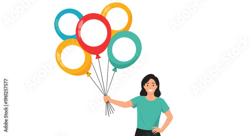Smiling young woman in green shirt holds bunch of five colorful balloons with white circles for party and event promotion.