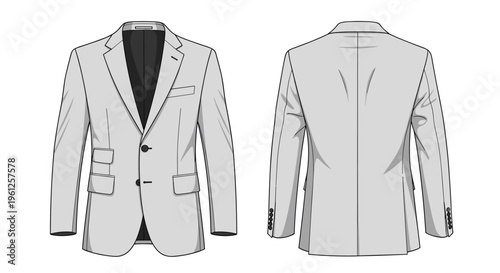 Professional grey suit jacket for men shown in front and back technical sketch format for apparel design and manufacturing.