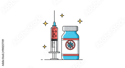 Medical vaccine vial and syringe with red liquid next to crossed out virus symbol represent pandemic prevention and immunity.