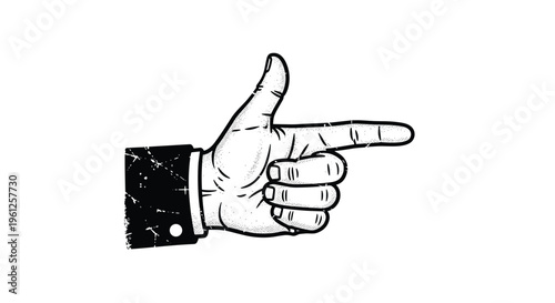 Hand gesture with index finger pointing right is depicted in distressed black and white vintage stamp style for emphasis.