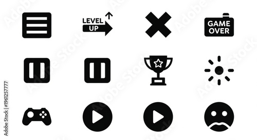 Gaming UI icon set. Blue vector buttons for menu, pause, level up, game over, loading, and emoji symbols for app and web interfaces..eps