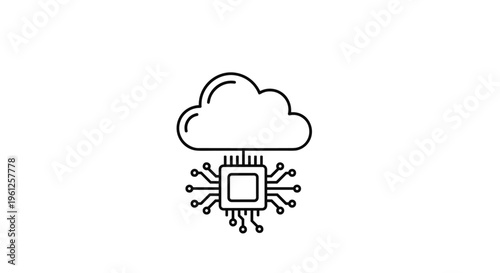 Cloud computing technology icon displays cloud symbol connected to microchip representing data storage and server processing.