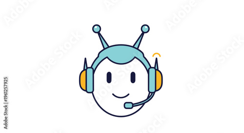 Friendly robot head icon wearing headset with microphone represents artificial intelligence customer support and virtual assistance.