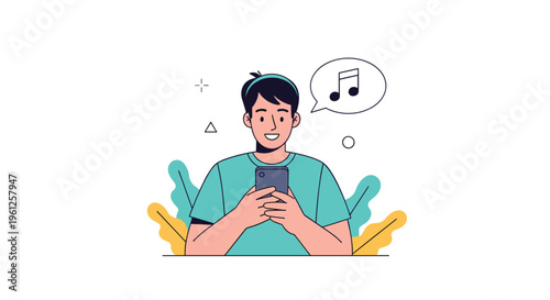 Man using mobile phone with music note icon in speech bubble represents digital streaming services and online entertainment.