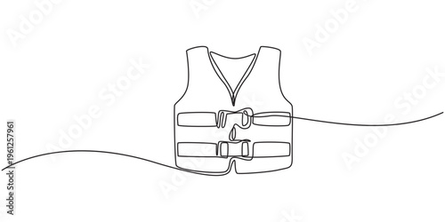 Life jacket safety flotation vest rescue monoline one continuous line art vector illustration, Life jacket continuous one line art drawing safety vest vector illustration, Life jacket to prevent drawn
