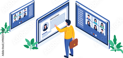 Professional profile screen, online resume design, virtual meeting interface, video conference artwork, remote job interview illustration, cad drawing flat vector illustration