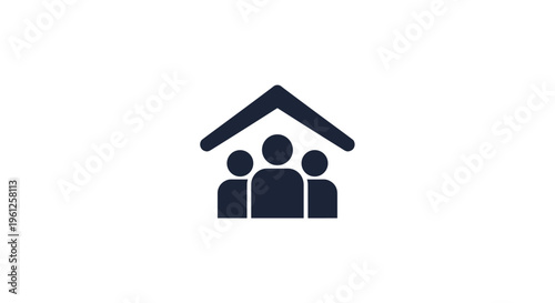 Minimalist icon represents a family of three people sheltered under a house roof symbol, signifying home security and protection.