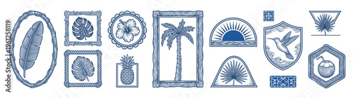 Collection of blue line art tropical illustrations with palm tree leaves flowers pineapple and hummingbird in decorative geometric frames for summer design isolated on white background