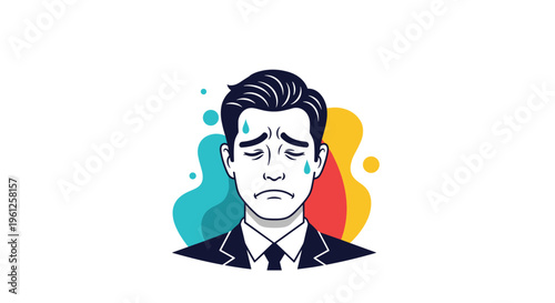 Portrait of a stressed businessman with sweat drops and a sad expression standing against a colorful abstract liquid background.