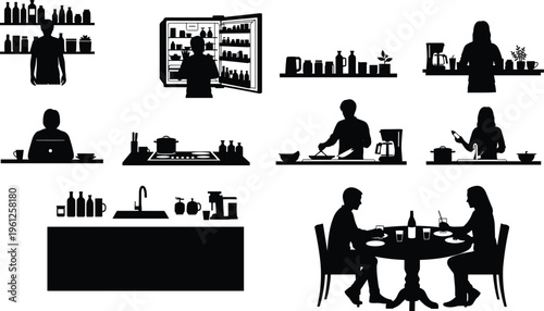 Kitchen Activities Silhouette Set Featuring People Cooking Opening Refrigerator Washing Dishes and Couple Having Dinner for Modern Home Lifestyle Vector