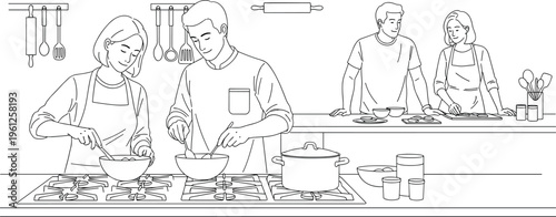 Black and white line art illustration of young people and couples cooking healthy meals together in a modern kitchen with stove and utensils