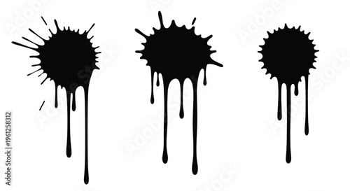 Three distinct black ink splatters with dripping paint effects are presented as decorative elements for artistic and messy designs.