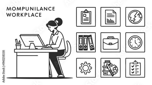 A vector graphic illustration of a woman working at a desk with various office icons and symbols surrounding her.