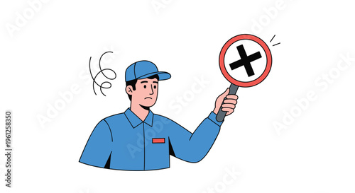 Delivery man or service worker looks confused and holds up a circular no sign with a cross, indicating a prohibited action or error.