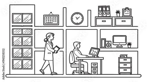 A minimalist line art illustration of a busy office scene with coworkers working and walking