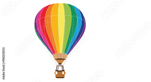 Vibrant rainbow colored hot air balloon with a brown woven basket floats against a clear white background in a detailed vector style.