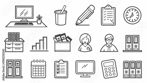 A set of office icons and symbols in a minimal line art style