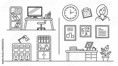 A minimalist line art illustration of a modern office workspace with various desk and storage elements