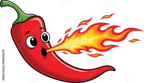 Cartoon chili pepper character breathing fire spicy hot flavor humorous food concept extreme heat illustration design set with expressive face green stem