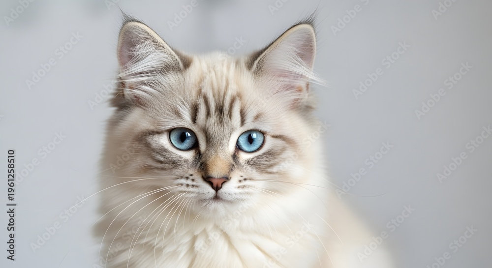 Obraz premium Fluffy white siberian cat with captivating blue eyes and soft fur, a serene close-up portrait
