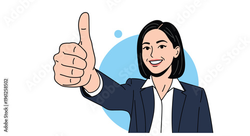 Confident businesswoman in a dark suit gives a big thumbs up against a light blue circular background, symbolizing approval and success.