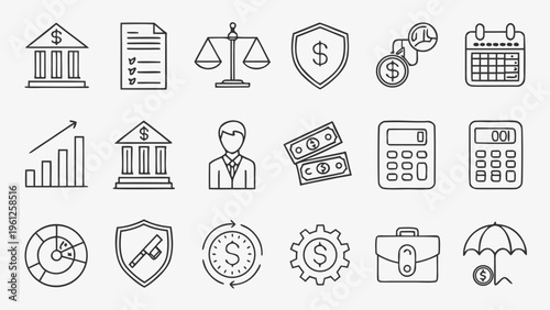 A set of financial icons including banking, money, and business symbols in a flat, minimal design style.