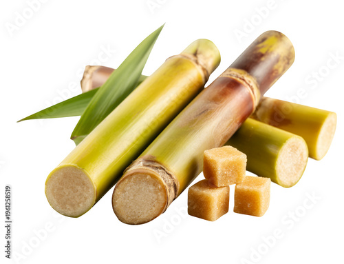 Sugarcane stalks and brown sugar cubes with leaves on black green leaves isolated on a transparent background